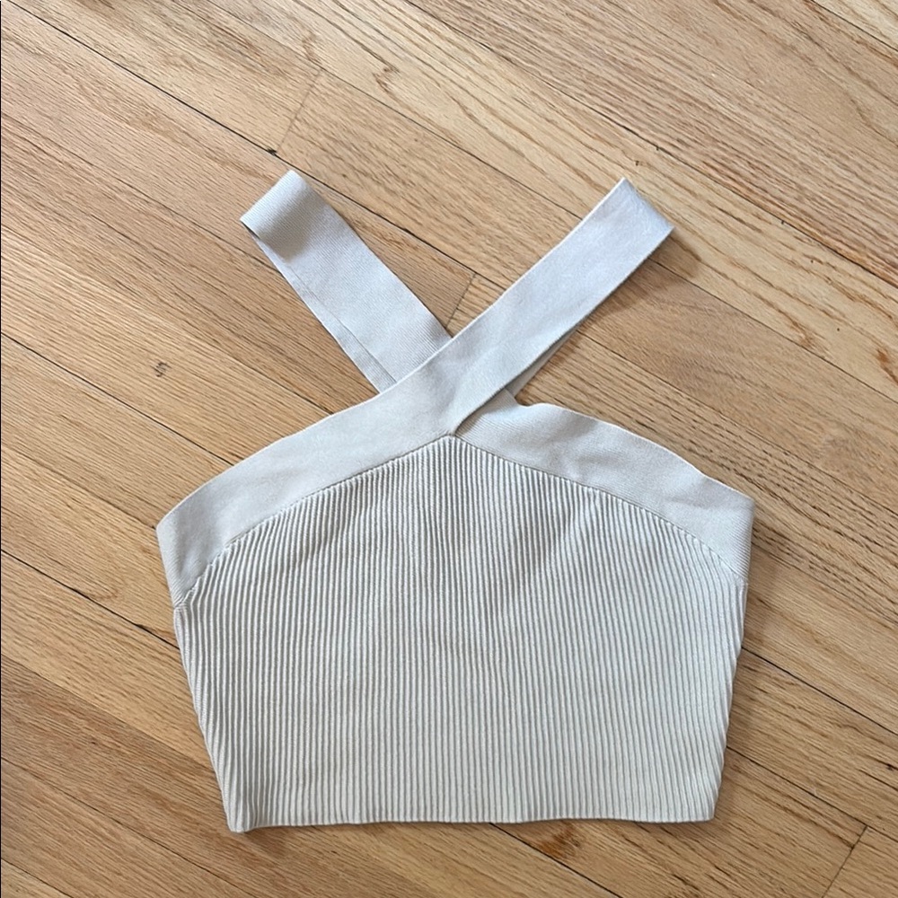 Babaton White Ribbed Fitted Crop Tank Top